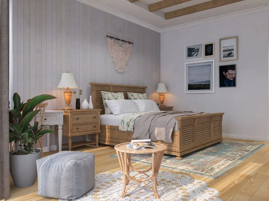 A modern rustic bedroom interior with wooden bed, plants, and decor items.