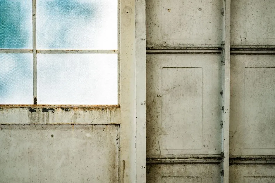 A textured, weathered window and door showcasing an artistic rustic appeal.