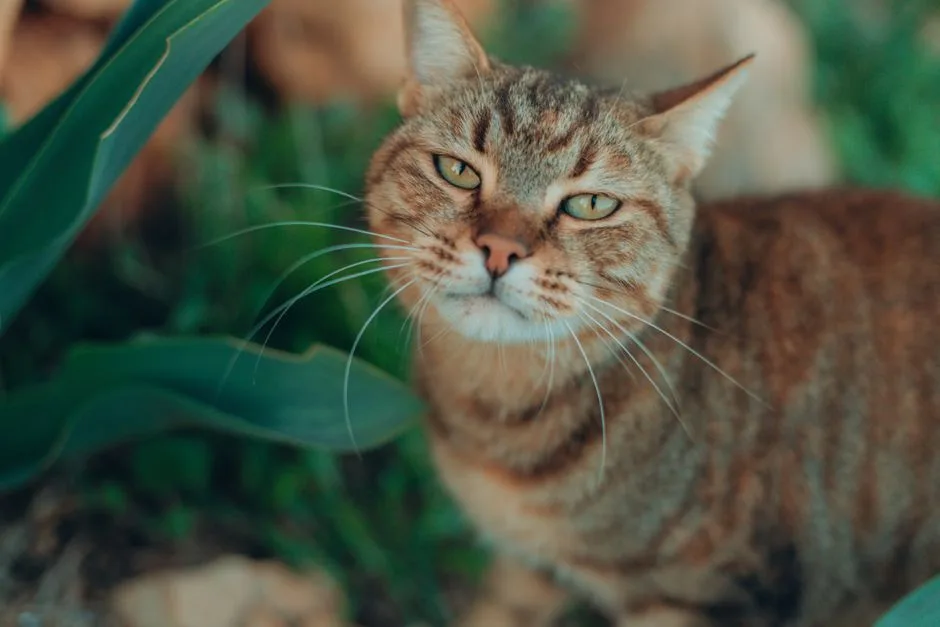 A curious tabby cat with striking eyes and whiskers in a garden setting.
