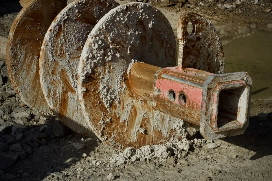Detailed view of a large rusty industrial drill bit with mud, set outdoors on rough terrain.