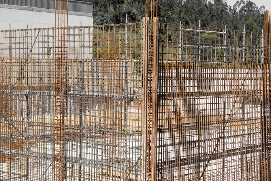 Close-up view of rusting reinforcement steel bars at a construction site with surrounding wooden formwork.