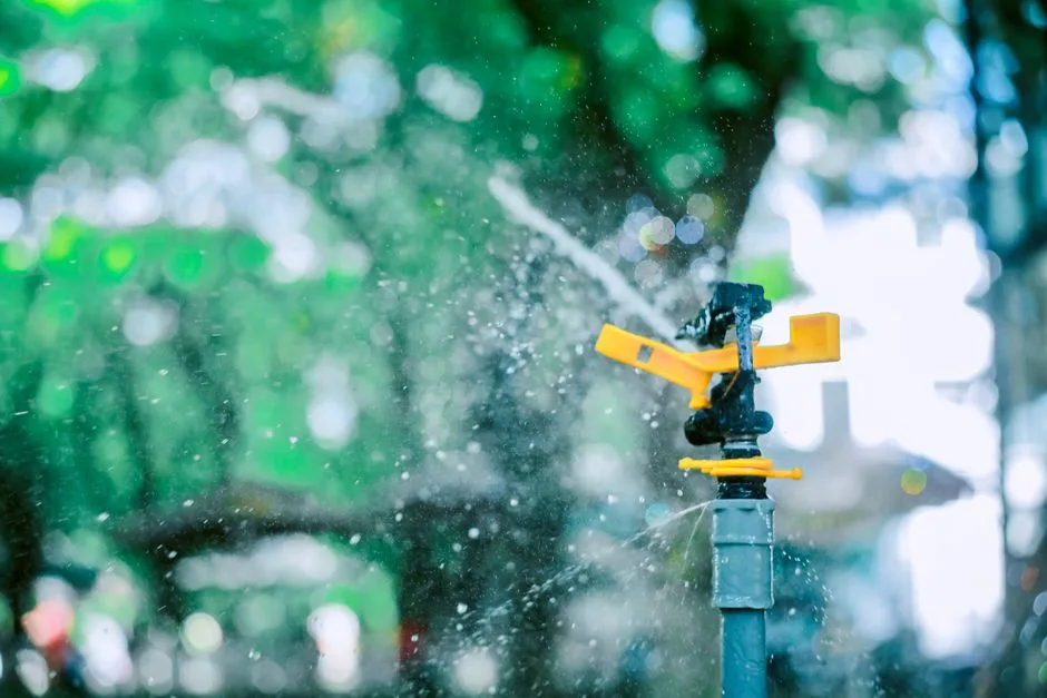 Close-up of a sprinkler in action, spraying water with lush green trees in the background.