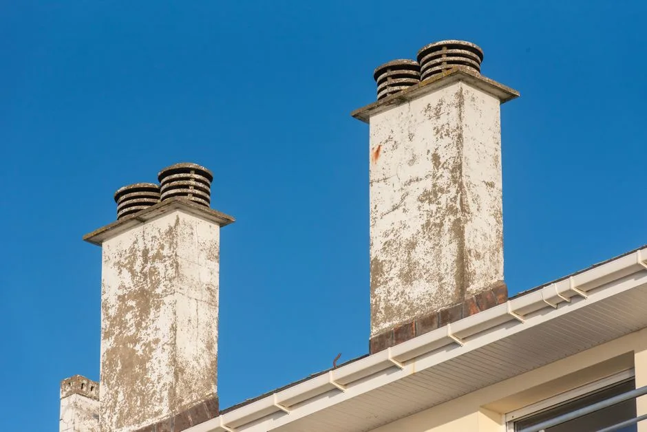 Old weathered chimneys with ventilation covers against a bright blue sky.
