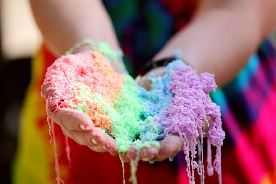 Hands holding colorful silly string in a bright and playful scene.