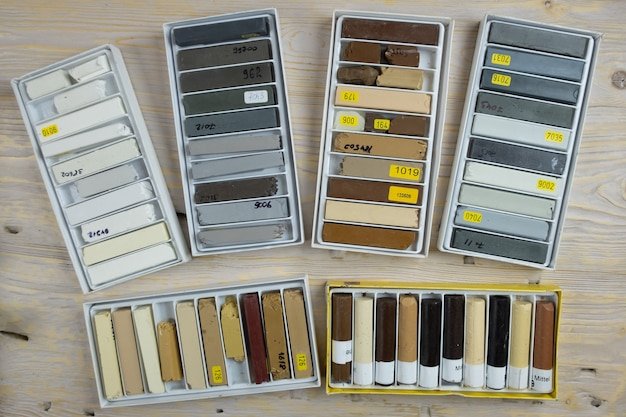 sets of wax pencil for restoring furniture and wood surfaces top view, restoration tools.