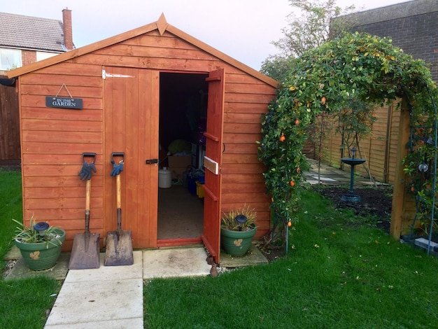 Shovels outside barn in backyard