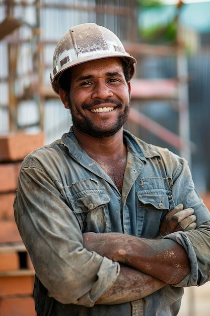 Standard Brazilian bricklayer in front of a construction site with his arms crossed