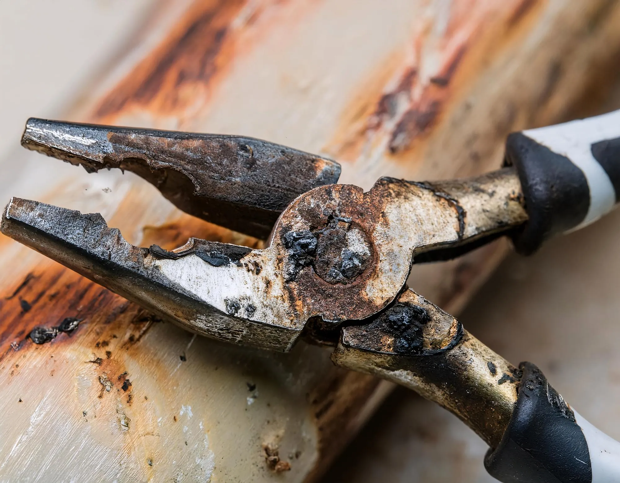This closeup shows pliers burning due to electric current