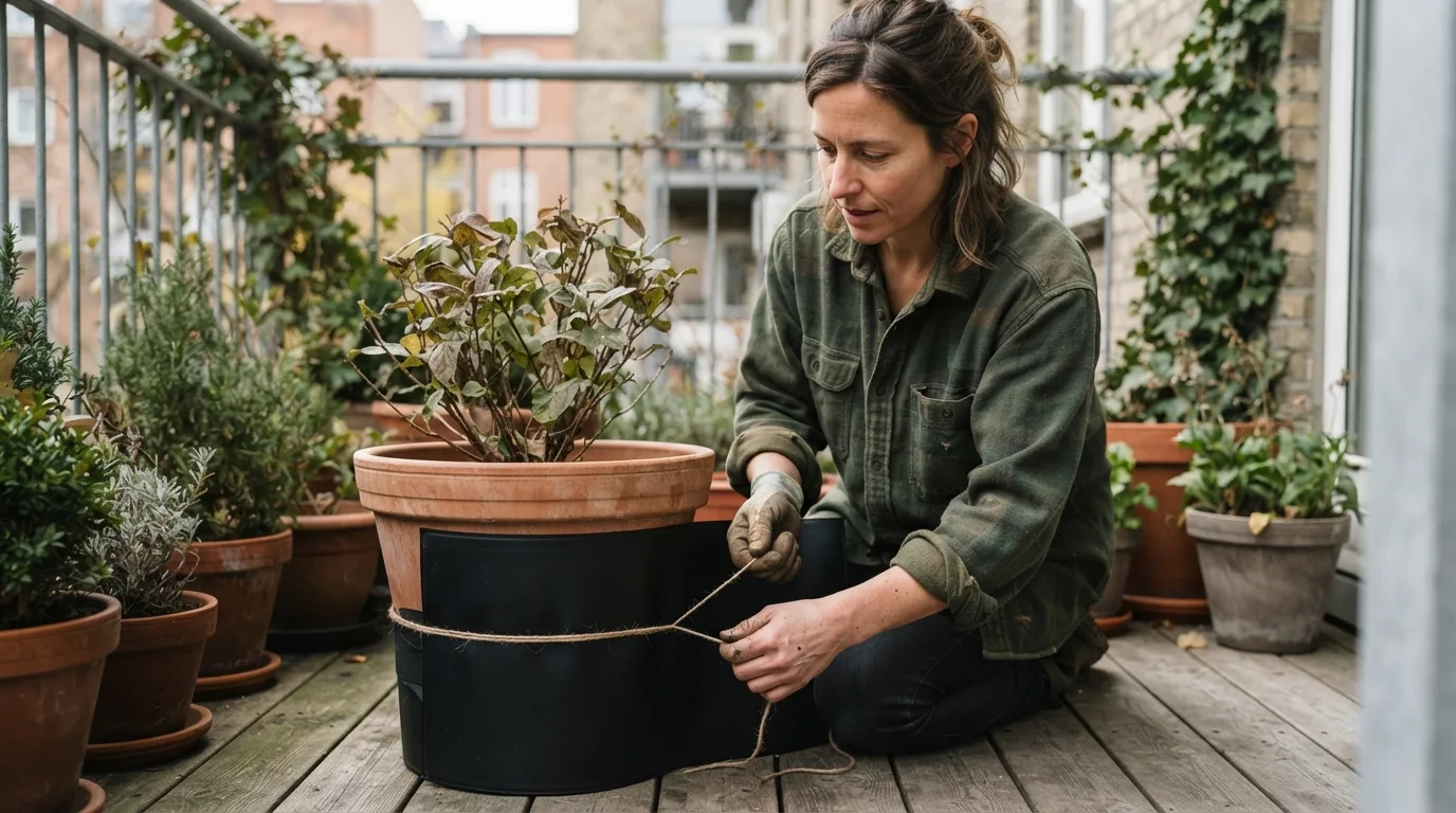 a person wrapping a plant pot with a heating mat on a balcony