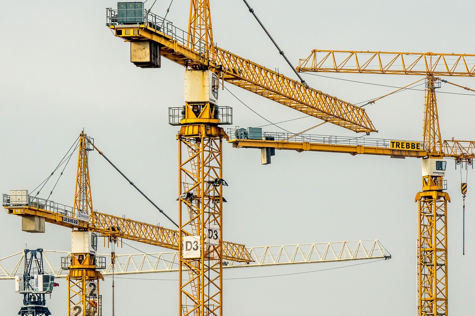 Cluster of yellow tower cranes at a construction site with a gloomy sky background.