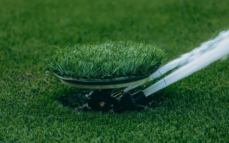 Close-up of an automatic sprinkler watering a lush green lawn, showcasing irrigation system.