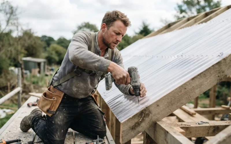 a person installing polycarbonate sheets on a structure