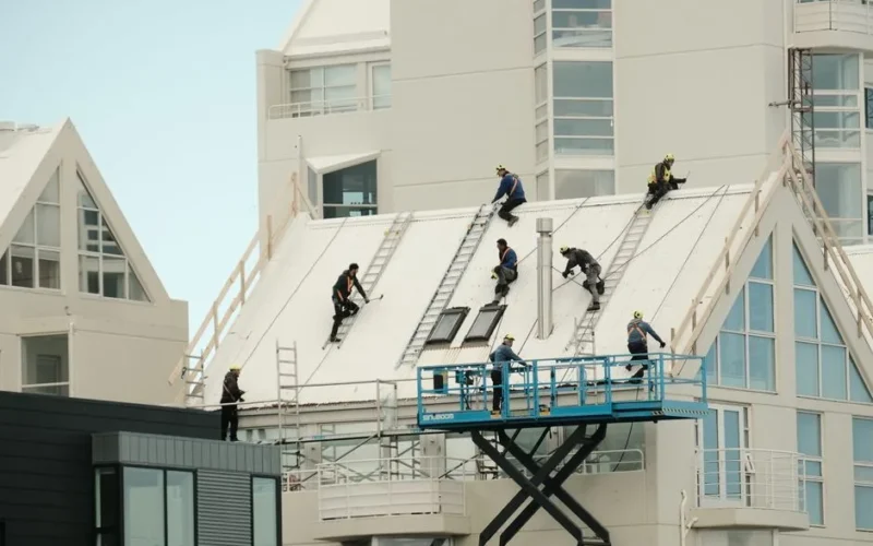 Construction workers repairing a modern roof in Reykjavík, highlighting teamwork and safety.