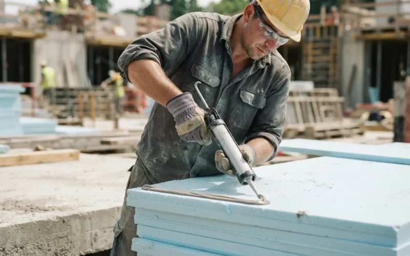 a construction worker applying adhesive to a foam insulation panel