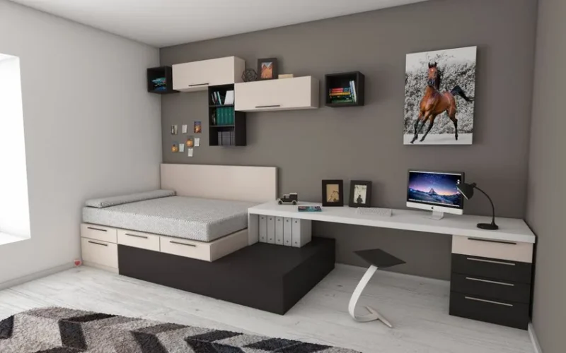Stylish minimalist bedroom with modern furnishings and workspace area, perfect for home offices.