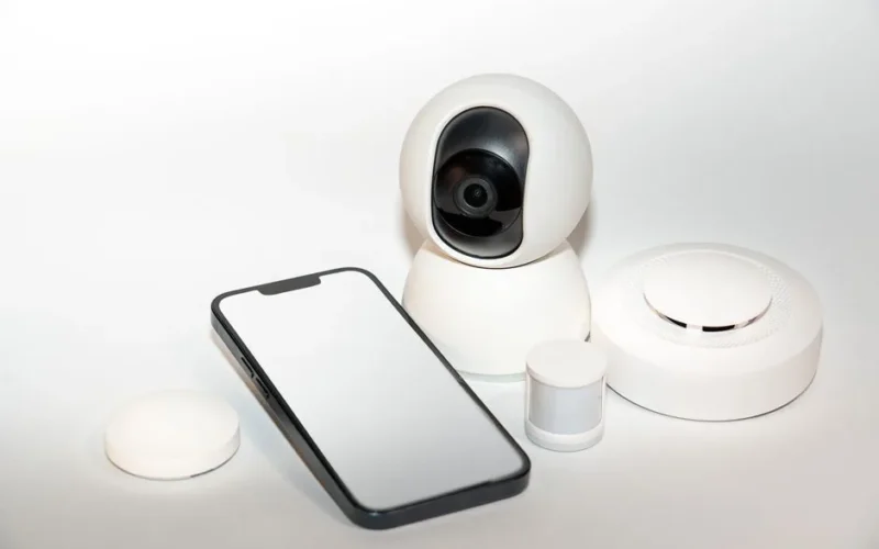 Collection of smart home security gadgets with a smartphone display.