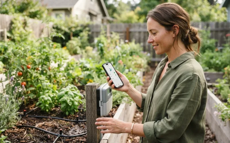 a person using a smartphone to control a garden irrigation system