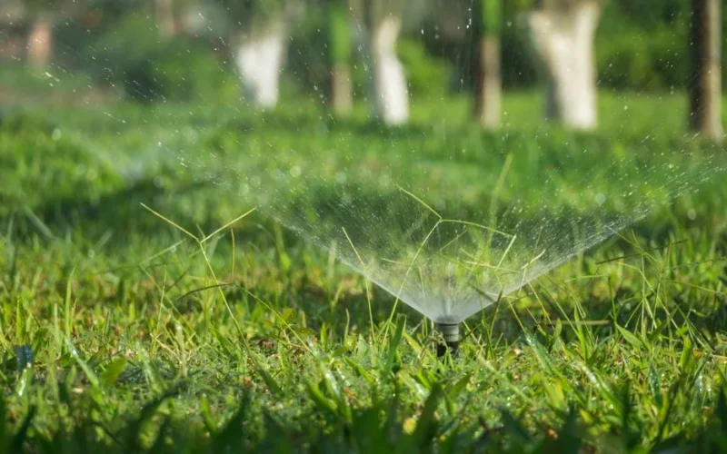 A sprinkler system watering a lush green grass field outdoors during daytime.