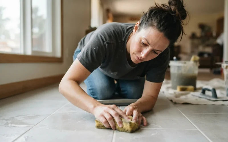 a person installing or cleaning tile grout on a light-colored floor