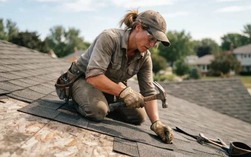 a person installing roofing material on a roof