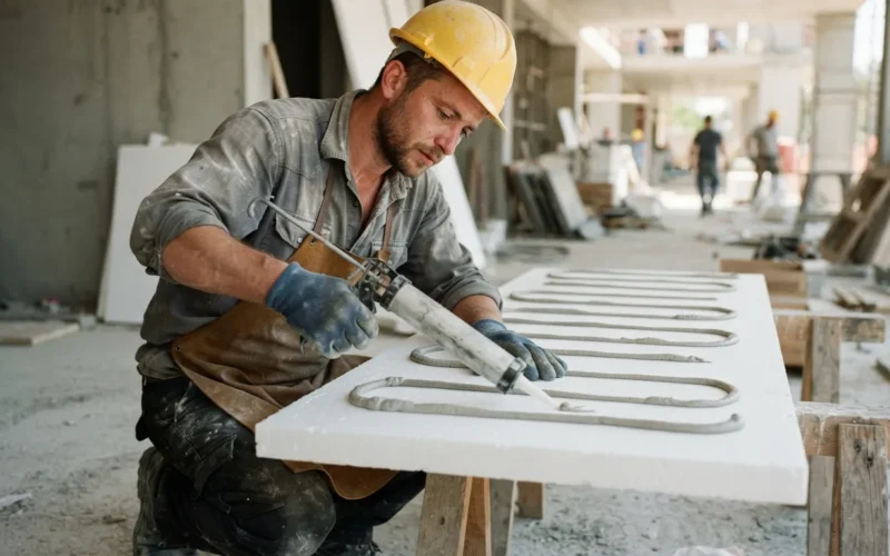 a construction worker applying adhesive to a foam insulation board