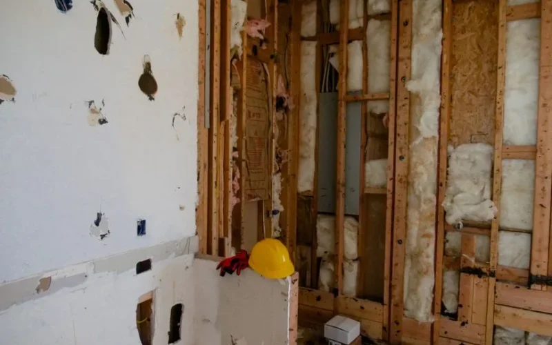 An interior space undergoing reconstruction and demolition for renovation.