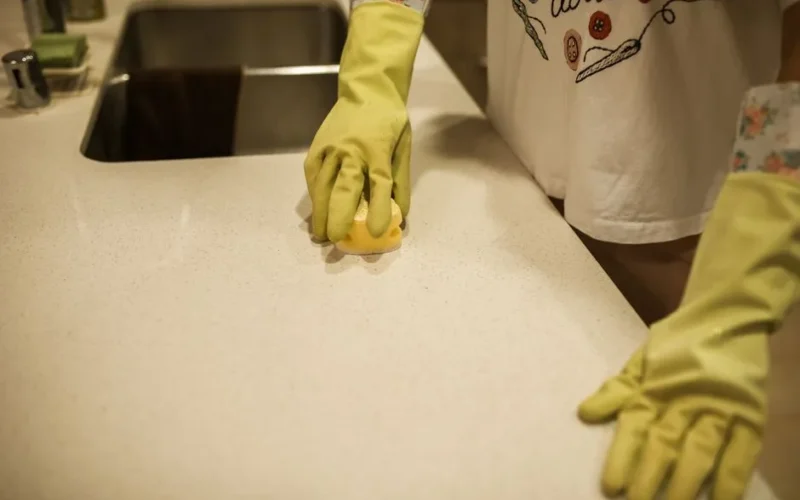 Woman using yellow rubber gloves to clean a kitchen counter with a sponge.