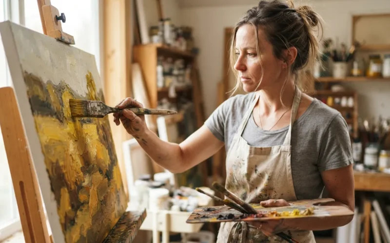 an artist painting with oil brushes on a canvas