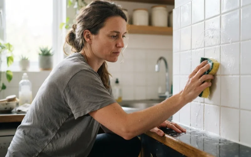 a person cleaning a tiled surface with a sponge or scraper