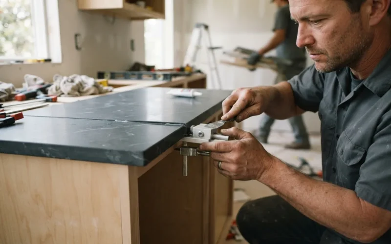 two kitchen countertops being joined or connected