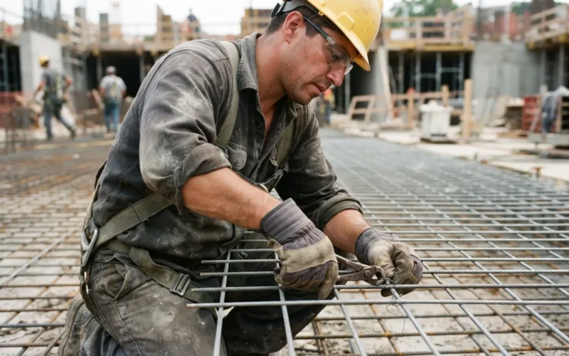 a worker installing a wire mesh panel on a construction site