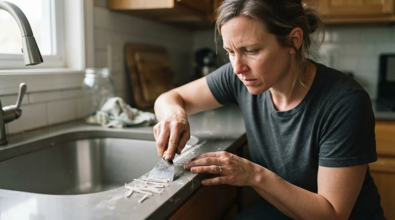 a person scraping sealant from a kitchen countertop