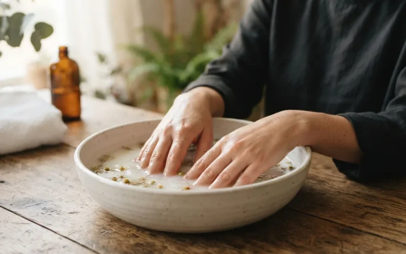 a person's hands soaking in a bowl of liquid