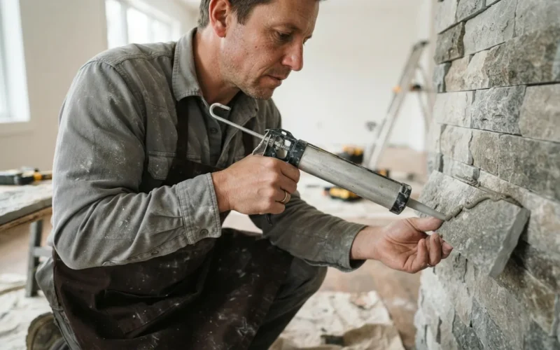 a person applying glue to a decorative stone panel on a wall