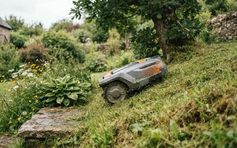 a robot lawn mower on a grassy slope with garden obstacles