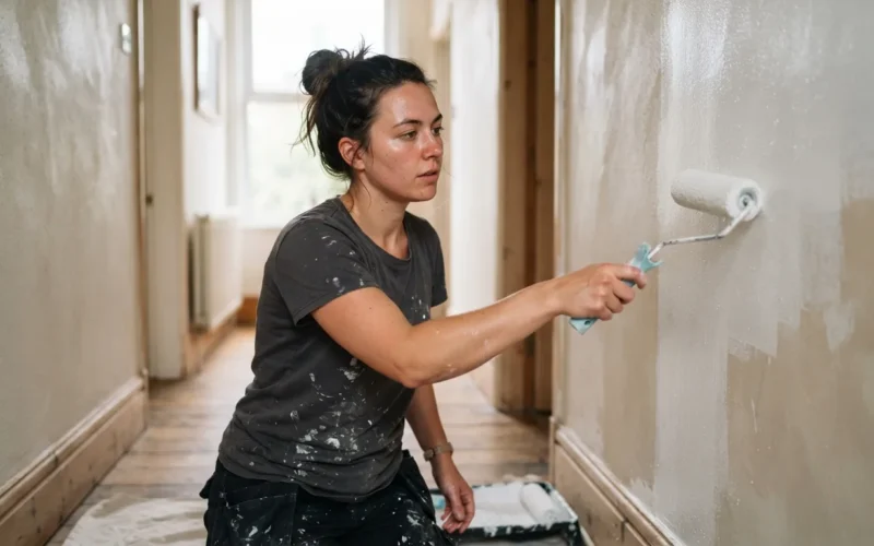 a person painting a hallway wall