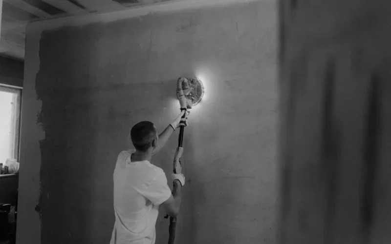 A man using a power sander to renovate an interior wall in a monochrome setting.