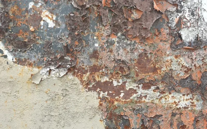 Detailed image of rustic, peeling paint on metal with rich textures.