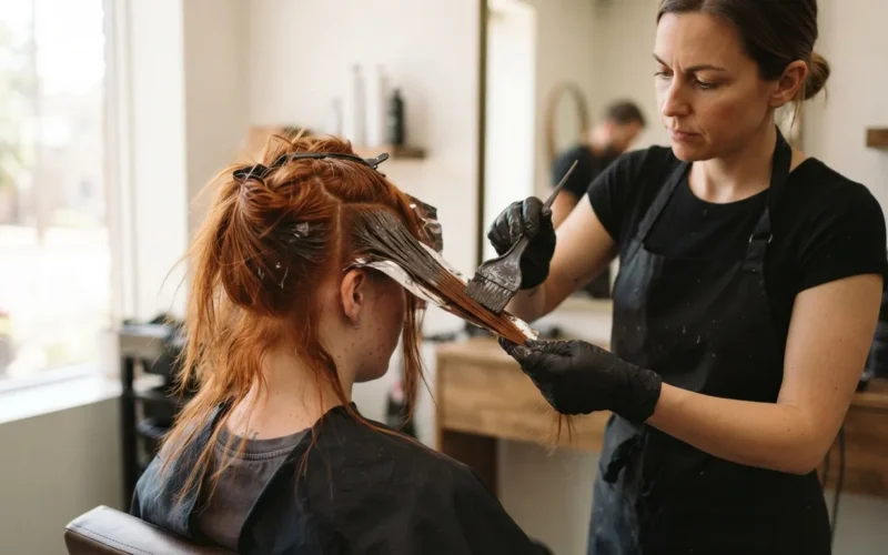 a person with hair being dyed or color-treated, showing a transformation from red to another color