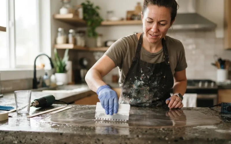 a person applying liquid resin to a kitchen countertop