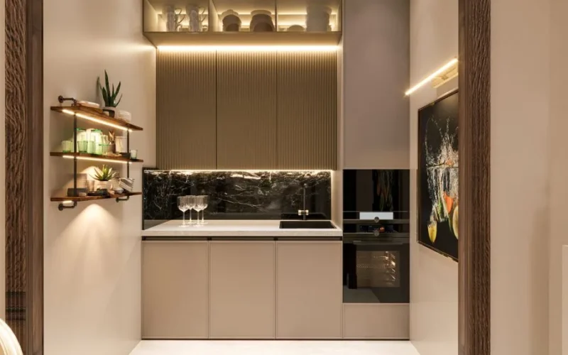 Contemporary kitchen design showcasing modern appliances and ambient LED lighting.