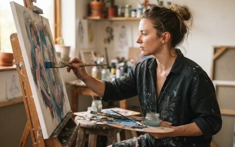 a person painting on a canvas with a brush and acrylic paints
