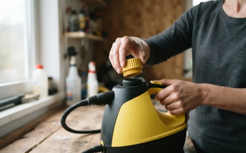 a person unscrewing a cap on a Karcher steam cleaner