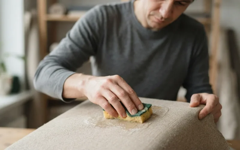 a person cleaning glue off a fabric surface with a sponge