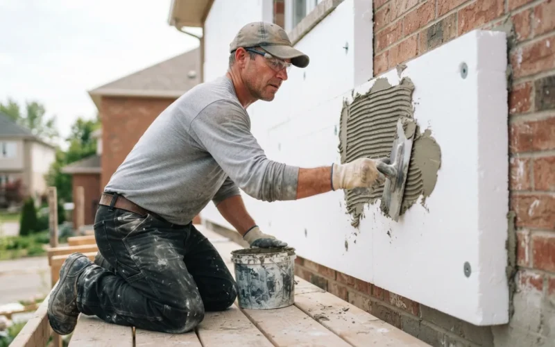 a worker applying adhesive to a styrofoam panel on a house wall
