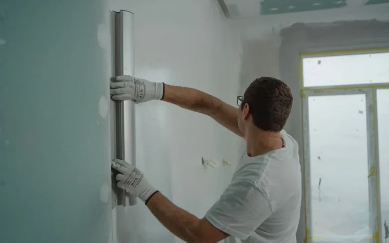 A man in a white shirt and gloves using a metal ruler for indoor wall renovation work.