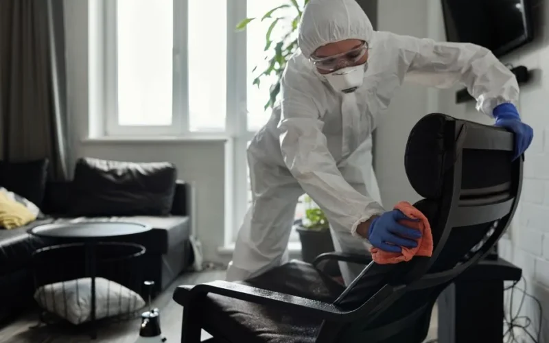 Person wearing PPE cleaning an armchair indoors, emphasizing pandemic hygiene and safety.