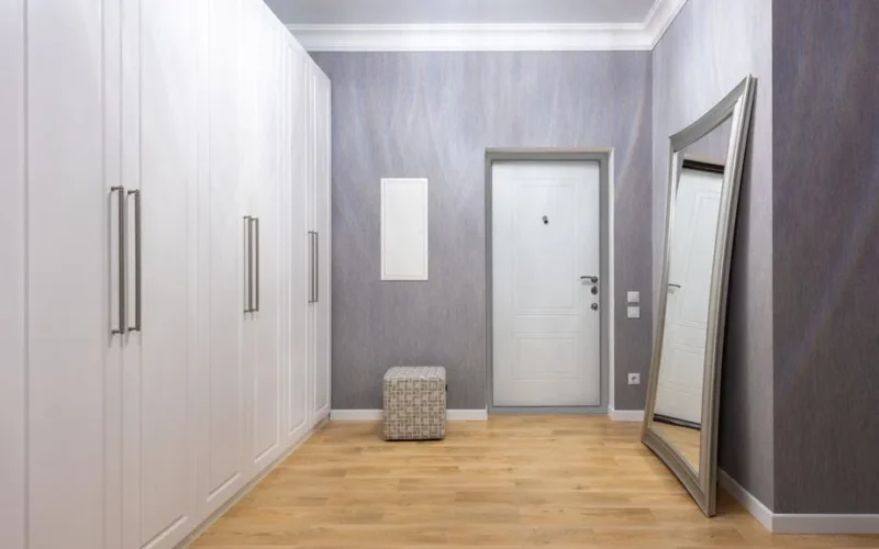 Modern hall interior with entrance door between closet and rectangular shaped mirror on wooden floor at home