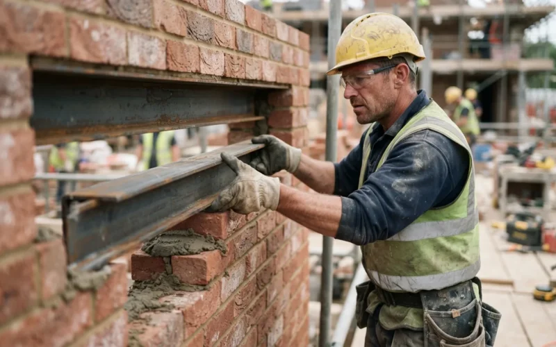 a construction worker installing a lintel above a brick wall
