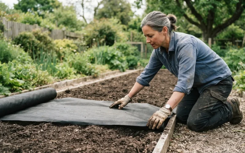 a gardener spreading fabric on a garden bed